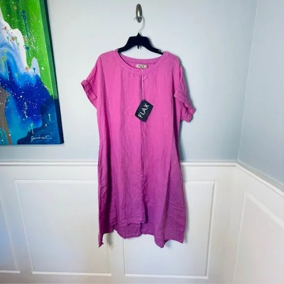 Flax 100% Linen Tee Top Tunic Dress Pockets Peony Pink NWT NEW Medium - Picture 2 of 9